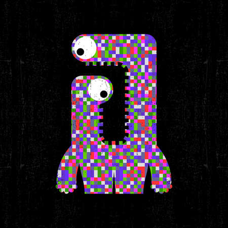 Colorful pixel monster on black grunge background. Vector illustrationのイラスト素材
