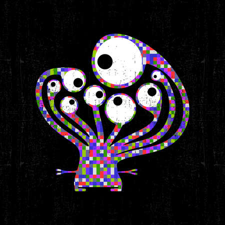 Colorful pixel monster on black grunge background. Vector illustrationのイラスト素材