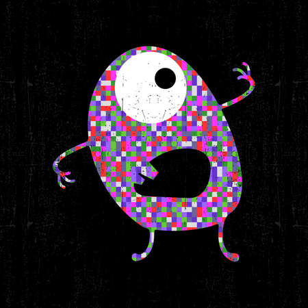 Colorful pixel monster on black grunge background. Vector illustrationのイラスト素材
