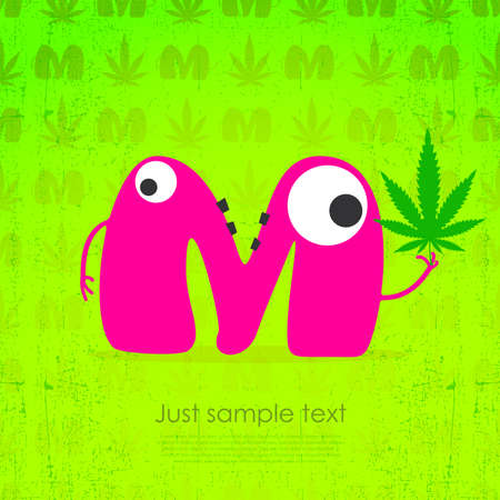 Cute monster with marijuana leaf in hand. Vector illustrationのイラスト素材
