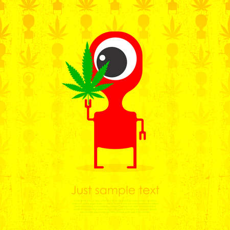 Cute monster with marijuana leaf in hand. Vector illustrationのイラスト素材