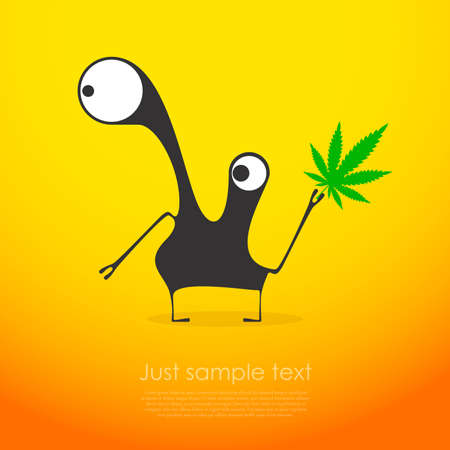 Cute monster with marijuana leaf in hand. Vector illustrationのイラスト素材