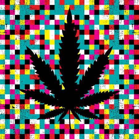 Cannabis leaf on grunge colorful pixel background. vector illustrationのイラスト素材