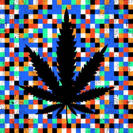 Cannabis leaf on grunge colorful pixel background. vector illustrationのイラスト素材