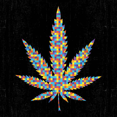 Cannabis colorful pixel leaf on grunge black background. vector illustrationのイラスト素材