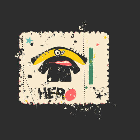 Cute monster on retro grunge Postage Stamp. Cartoon illustration. Vintage postage stamp. Vector illustration.のイラスト素材