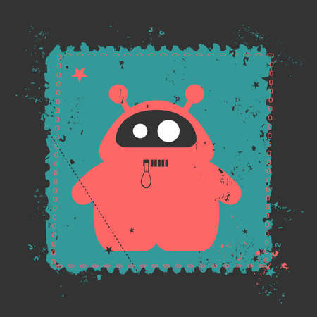 Cute monster on retro grunge Postage Stamp. Cartoon illustration. Vintage postage stamp. Vector illustration.のイラスト素材