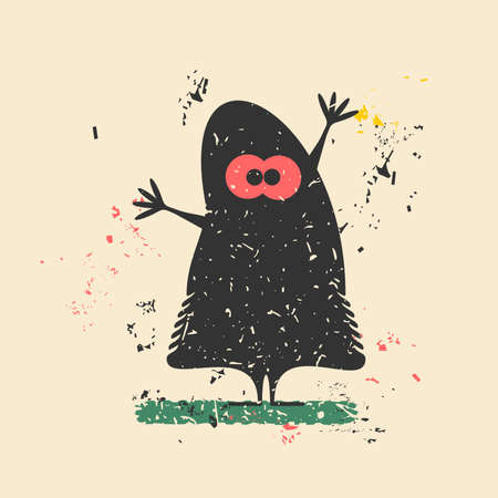 Cute monster on retro grunge background. Cartoon illustration. Vintage vector illustration.のイラスト素材