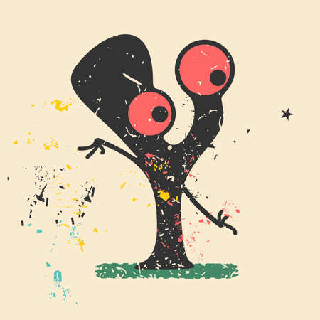 Cute monster on retro grunge background. Cartoon illustration. Vintage vector illustration.のイラスト素材
