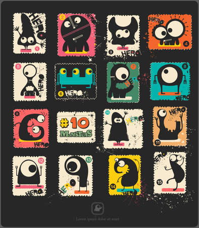Set of retro postages stamp with funny monsters. Cartoon illustration. Vector set.のイラスト素材