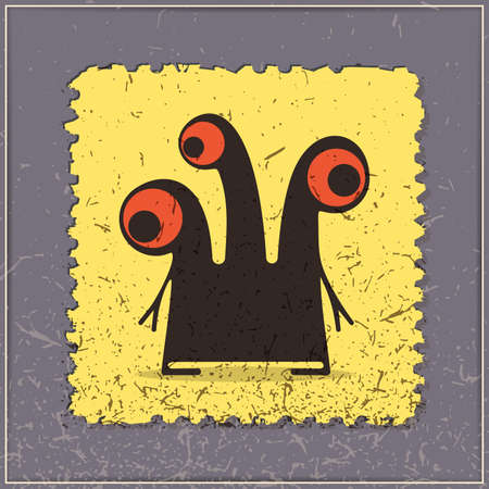 Monster on grunge postage stamp. Cartoon illustration, vector.のイラスト素材