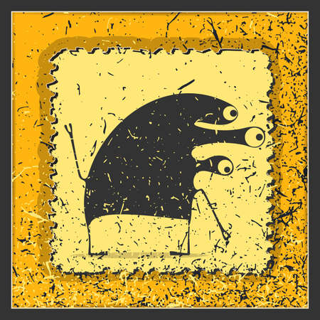 Monster on grunge postage stamp. Cartoon illustration, vector.のイラスト素材
