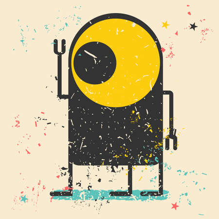 Cute monster on retro grunge background. Cartoon illustration. Vintage vector illustrationのイラスト素材