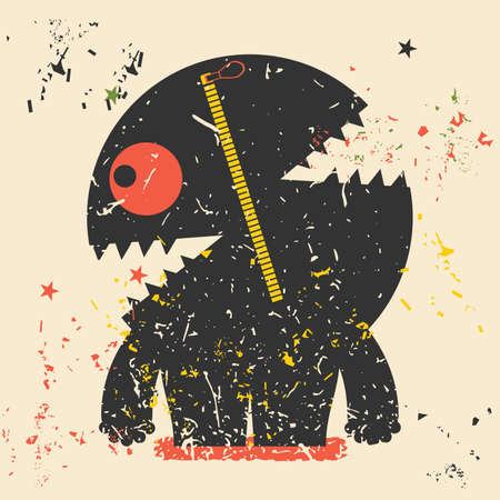 Cute monster on retro grunge background. Cartoon illustration. Vintage vector illustrationのイラスト素材
