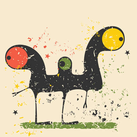 Cute monster on retro grunge background. Cartoon illustration. Vintage vector illustrationのイラスト素材