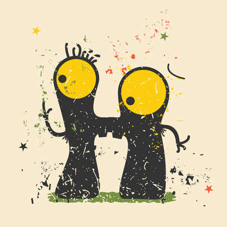 Cute monster on retro grunge background. Cartoon illustration. Vintage vector illustration.のイラスト素材