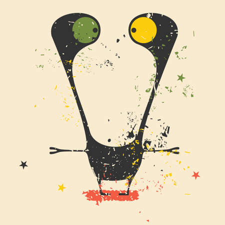 Cute monster on retro grunge background. Cartoon illustration. Vintage vector illustration.のイラスト素材