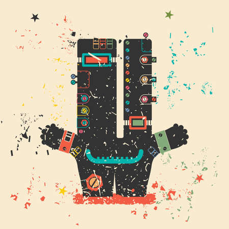 Cute monster on retro grunge background. Cartoon illustration. Vintage vector illustration.のイラスト素材