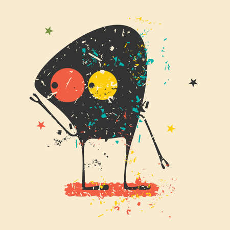 Cute monster on retro grunge background. Cartoon illustration. Vintage vector illustration.のイラスト素材