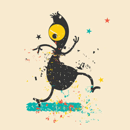 Cute monster on retro grunge background. Cartoon illustration. Vintage vector illustration.のイラスト素材