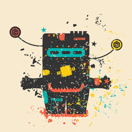 Cute monster on retro grunge background. Cartoon illustration. Vintage vector illustration.のイラスト素材