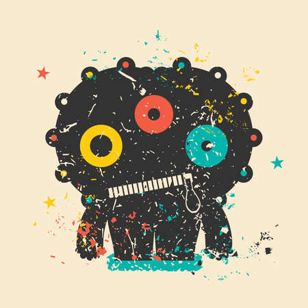 Cute monster on retro grunge background. Cartoon illustration. Vintage vector illustration.のイラスト素材
