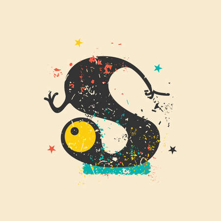 Cute monster on retro grunge background. Cartoon illustration. Vintage vector illustration.のイラスト素材