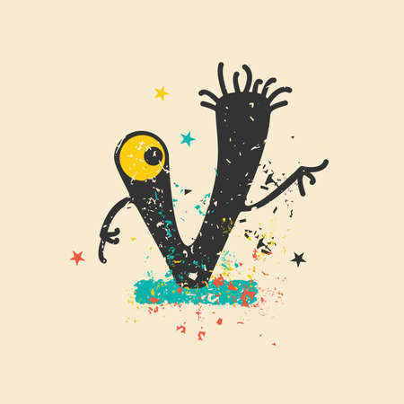 Cute monster on retro grunge background. Cartoon illustration. Vintage vector illustration.のイラスト素材