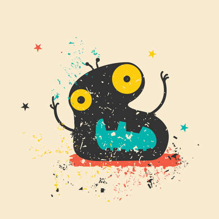 Cute monster on retro grunge background. Cartoon illustration. Vintage vector illustration.のイラスト素材