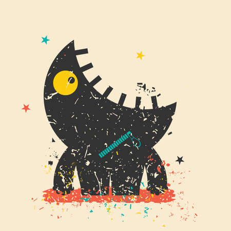 Cute monster on retro grunge background. Cartoon illustration. Vintage vector illustrationのイラスト素材