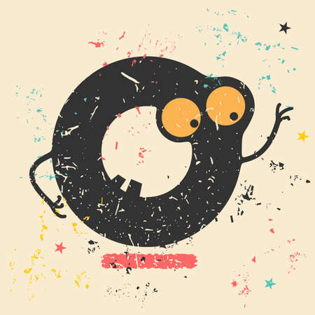 Cute monster on retro grunge background. Cartoon illustration. Vintage vector illustrationのイラスト素材