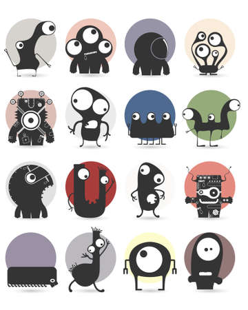 Set of sixteen stickers with cute monsters. Cartoon illustration. Vector set
