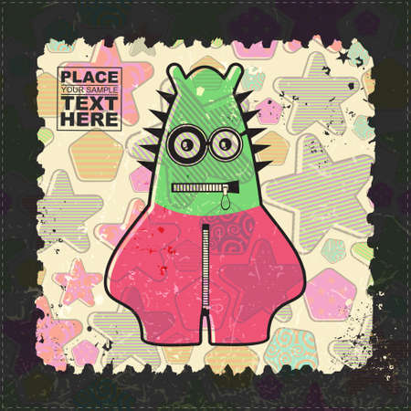 Cute Monster on grunge postage stamp. Cartoon illustration, vector.のイラスト素材