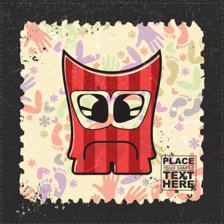 Cute Monster on grunge postage stamp. Cartoon illustration, vector.のイラスト素材