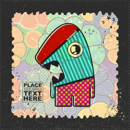Cute Monster on grunge postage stamp. Cartoon illustration, vector.のイラスト素材