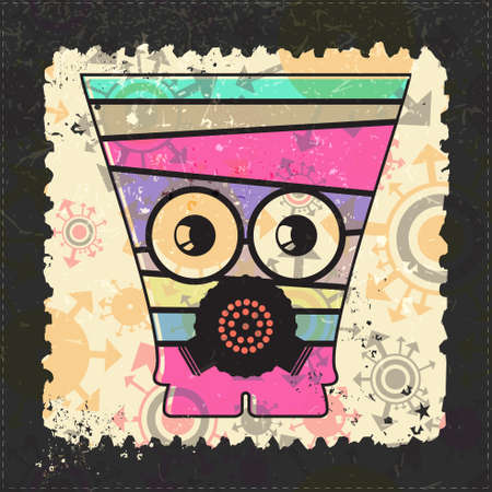 Cute Monster on grunge postage stamp. Cartoon illustration, vector.のイラスト素材