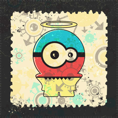 Cute Monster on grunge postage stamp. Cartoon illustration, vector.のイラスト素材