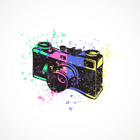 Old camera with dirty shapes on grunge background. vector illustrationのイラスト素材