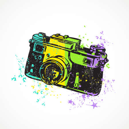 Old camera with dirty shapes on grunge background. vector illustrationのイラスト素材
