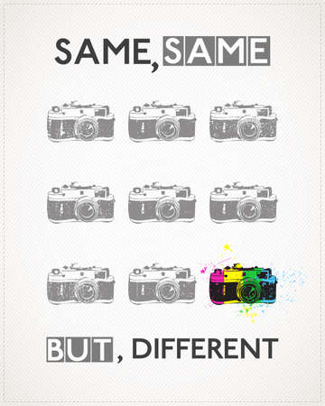 Poster with old camera and text Same, Same, but, Different. Vintage camera with grunge and dirty...