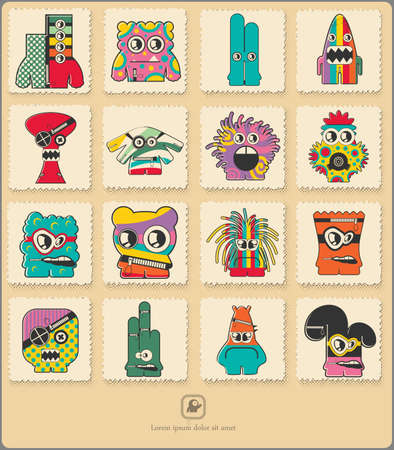 Set of retro postage`s stamp with funny color monsters. Cartoon illustration. Vector set.のイラスト素材