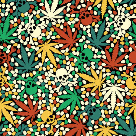 Decorative seamless pattern with colorful skulls, seeds, maryjuana leaves. Vector seamless patternのイラスト素材