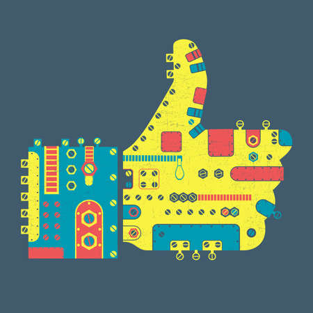 Blue and yellow up finger like, in steam punk style on blue background with grunge shapes. vector illustrationのイラスト素材