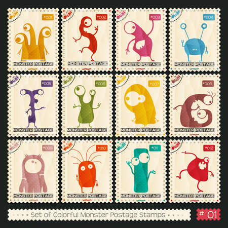 Set of retro postage`s stamp with funny color monsters. Cartoon illustration. Vector set.のイラスト素材