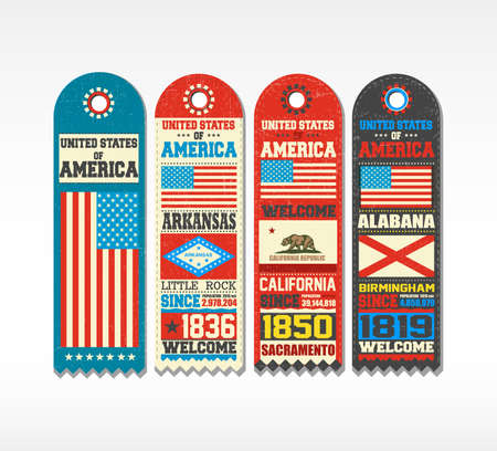 Set of four blanks with flags, cities and population, of United States Of America, Alabama, Arkansas, California. Elements for design with emblems and shapes.Sticker, banner, vector illustration.のイラスト素材