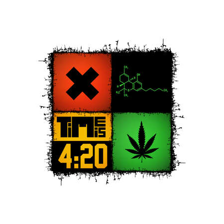 Set of four stickers in one group, vector illustration, Marijuana leaf, formula, time is 420,