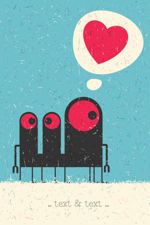 Cute Monster with heart on retro grunge background. Cartoon illustration.のイラスト素材