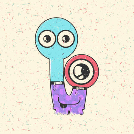 Colorful Cute Monster on retro grunge background. Cartoon illustration.のイラスト素材