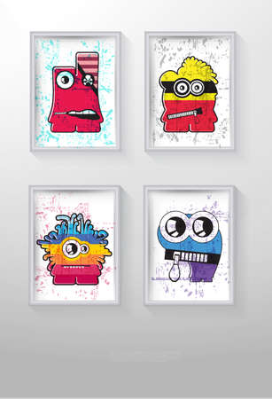 Set of four different color monsters in frame with grunge shapes on. Cartoon illustration