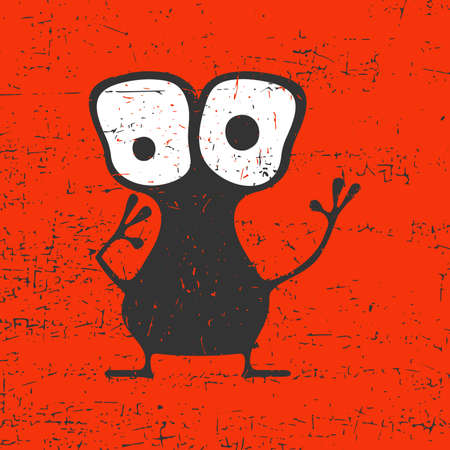 Cute black monster with emotions on grunge orange background, cartoon illustration.のイラスト素材